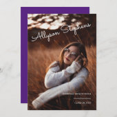 Classy Script White Text Photo Paars Afstuderen Aankondiging (Voorkant / Achterkant)