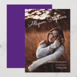 Classy Script White Text Photo Paars Afstuderen Aankondiging