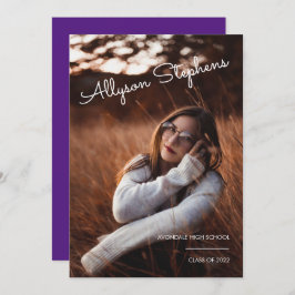 Classy Script White Text Photo Paars Afstuderen Aankondiging