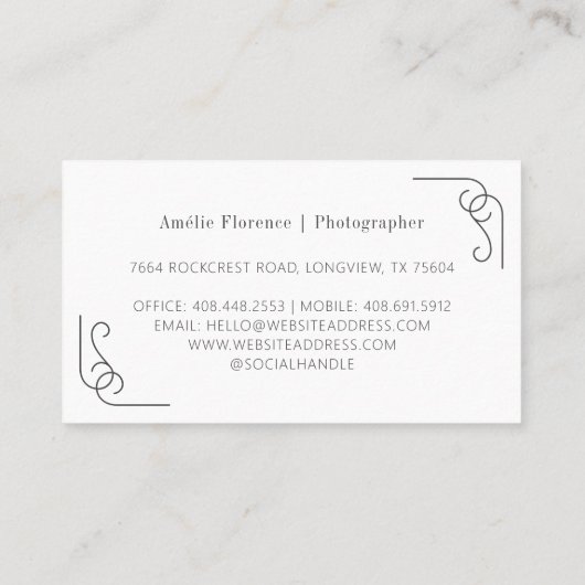 Classy Scroll Black naamplaat bruiloft fotograaf Visitekaartje (Achterkant)