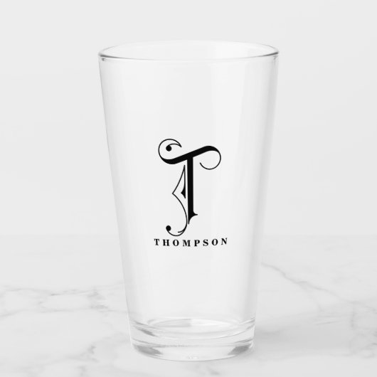 Classy Scroll Monogram Initiaal T met achternaam Glas (Voorkant)