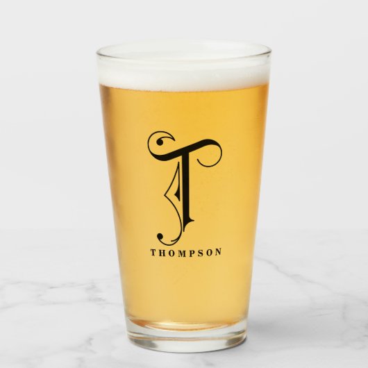 Classy Scroll Monogram Initiaal T met achternaam Glas (Voorkant gevuld)