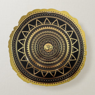 Classy Shiny Black & Gold OM-symbool Mandala Rond Kussen