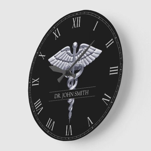 Classy Silver Caduceus over Black Medical Grote Klok (Hoek)