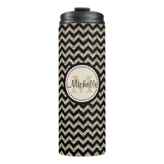 Classy Silver Chevron Gold Monogram Thermosbeker (Voorkant)