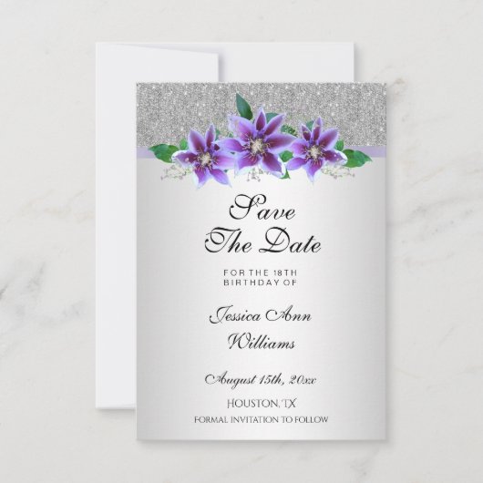 Classy Silver & Clematis Flowers 18e verjaardag Save The Date (Voorkant)