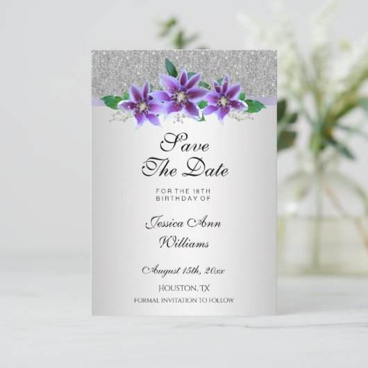 Classy Silver & Clematis Flowers 18e verjaardag Save The Date (Staand voorkant)