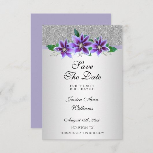 Classy Silver & Clematis Flowers 18e verjaardag Save The Date (Voorkant / Achterkant)