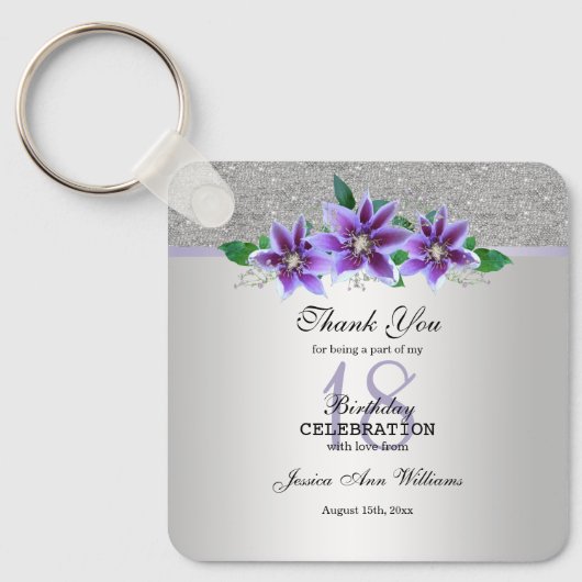 Classy Silver & Clematis Flowers 18e verjaardag Sleutelhanger (Voorkant)