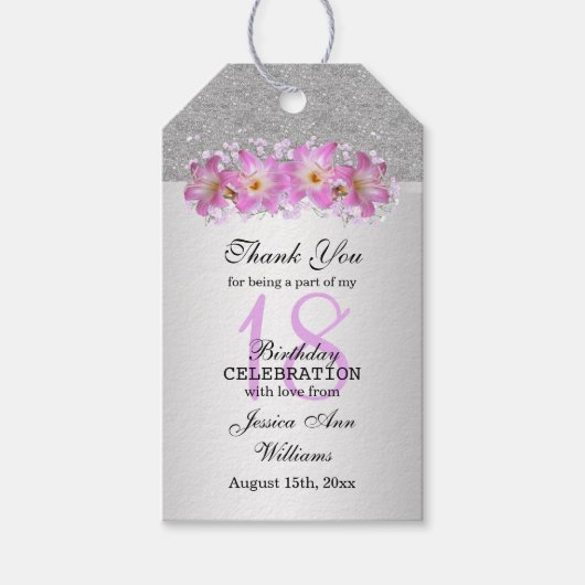 Classy Silver en Belladonna Lilies 18th Birthday Cadeaulabel (Voorkant)