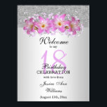 Classy Silver en Belladonna Lilies 18th Birthday Poster<br><div class="desc">Mooie klastige en stijlvolle Birthday Party verwelkomen poster. Dit voorbeeld is al 18 jaar ontwikkeld, maar is geschikt voor elke leeftijd. Een glamoureus ontwerp met een zilveren glitter en een gradiëntachtergrond met een zilveren lint om de twee beelden van elkaar te scheiden, boven het lint, is een gedrukt afbeelding van...</div>