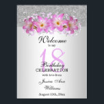 Classy Silver en Belladonna Lilies 18th Birthday Poster<br><div class="desc">Mooie klastige en stijlvolle Birthday Party verwelkomen poster. Dit voorbeeld is al 18 jaar ontwikkeld, maar is geschikt voor elke leeftijd. Een glamoureus ontwerp met een zilveren glitter en een gradiëntachtergrond met een zilveren lint om de twee beelden van elkaar te scheiden, boven het lint, is een gedrukt afbeelding van...</div>