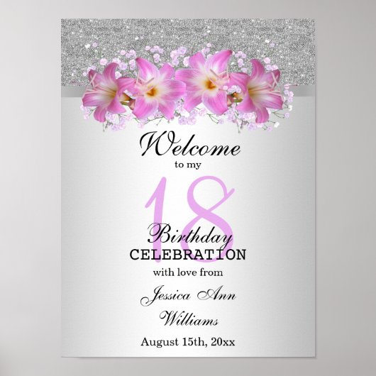 Classy Silver en Belladonna Lilies 18th Birthday Poster (Voorkant)