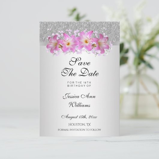 Classy Silver en Belladonna Lilies 18th Birthday Save The Date (Staand voorkant)