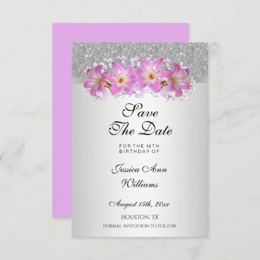 Classy Silver en Belladonna Lilies 18th Birthday Save The Date (Voorkant / Achterkant)