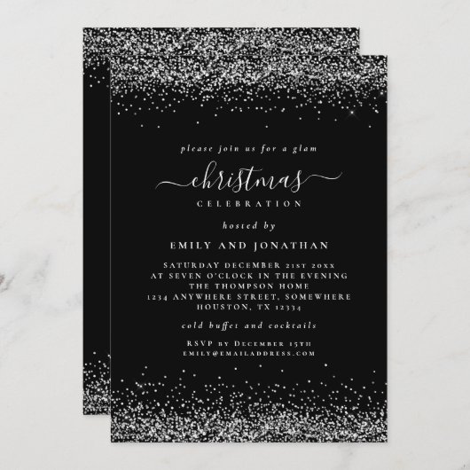 Classy Silver Glitter Black Kerstfeest Kaart (Voorkant / Achterkant)