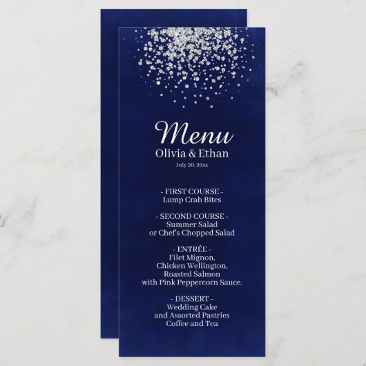 Classy Silver Glitter op Royal Blue Menu (Voorkant / Achterkant)