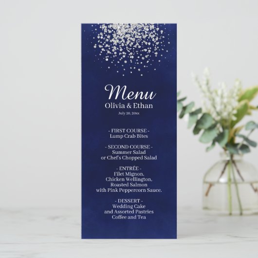 Classy Silver Glitter op Royal Blue Menu (Staand voorkant)