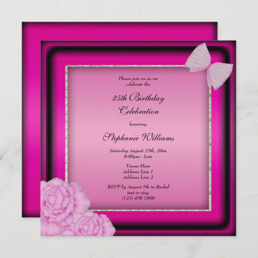 Classy Silver Glitter, Roze Bloemen & Boog Verjaar Kaart (Voorkant / Achterkant)