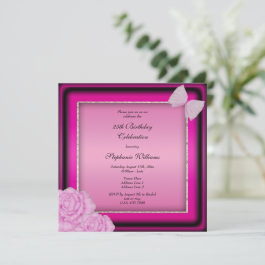 Classy Silver Glitter, Roze Bloemen & Boog Verjaar Kaart (Staand voorkant)