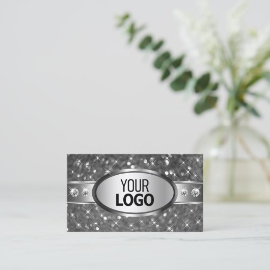 Classy Silver Glitter Sparkle Diamonds en Logo Visitekaartje (Staand voorkant)