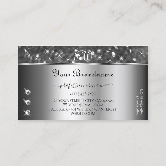 Classy Silver Glitter Sparkle Diamonds Initialen Visitekaartje (Achterkant)