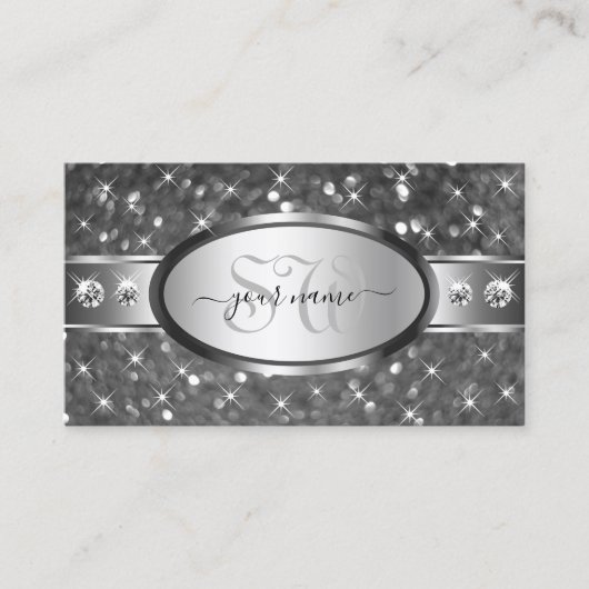 Classy Silver Glitter Sparkle Diamonds Initialen Visitekaartje (Voorkant)