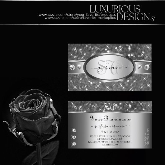 Classy Silver Glitter Sparkle Diamonds Initialen Visitekaartje