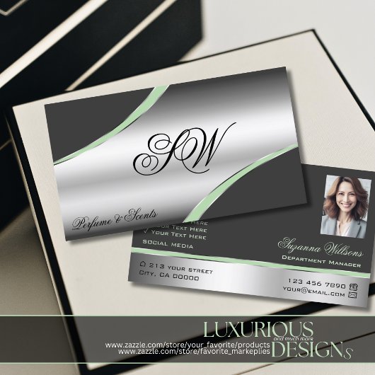 Classy Silver Grey Curved Lines Monogram en foto Visitekaartje