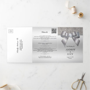 Classy Silver Jewel Gem Bow QR Code Wedding Drieluik Uitnodiging