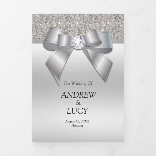 Classy Silver Jewel Gem Bow QR Code Wedding Drieluik Uitnodiging (Cover)