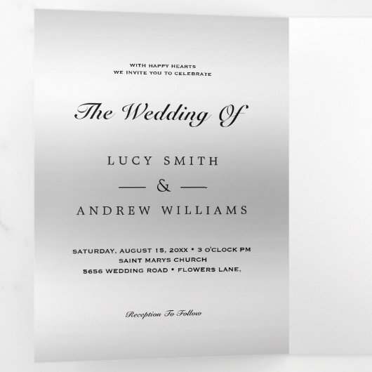 Classy Silver Jewel Gem Bow QR Code Wedding Drieluik Uitnodiging (Binnenzijde eerst)