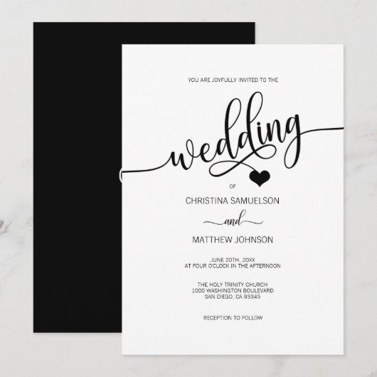 Classy Simple Black & White Heart Wedding Kaart (Voorkant / Achterkant)