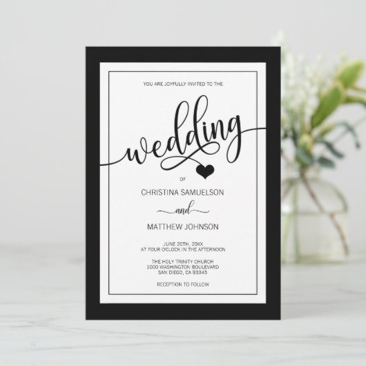 Classy Simple Black & White Heart Wedding Kaart (Staand voorkant)