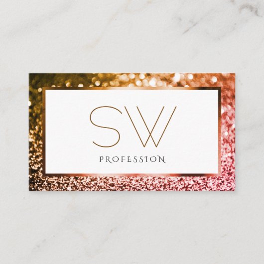 Classy Sinaasappel Roze Ombre Glitter Wit Monogram Visitekaartje (Voorkant)