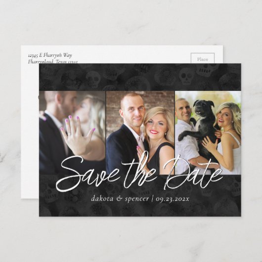 Classy Skulls | Halloween 3 Photo Save the Date Aankondigingskaart (Voorkant / Achterkant)