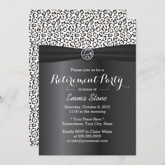 Classy Snow Leopard Print Black Ribbon Retiment Kaart (Voorkant / Achterkant)