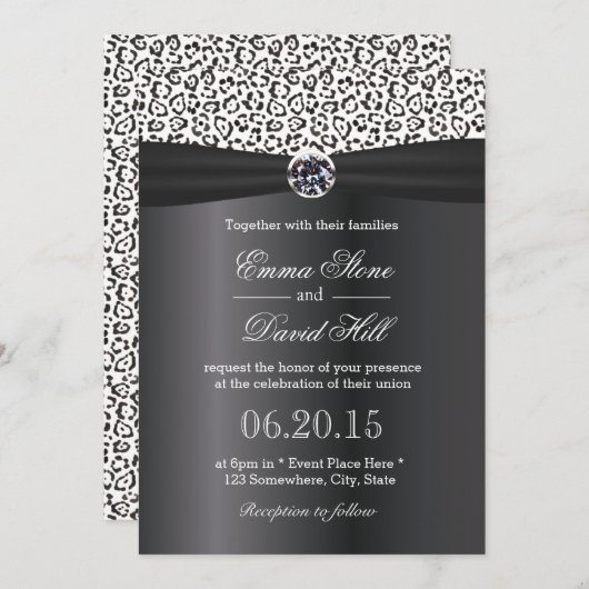 Classy Snow Leopard Print Black Ribbon Wedding Kaart (Voorkant / Achterkant)