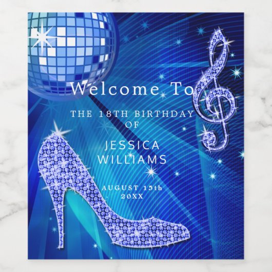 Classy Sparkle Heels Blue Disco Ball Verjaardag Wijn Etiket (Enkel label)