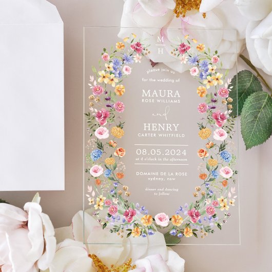 Classy Spring Floral Monogram Wedding Acryl Uitnodigingen