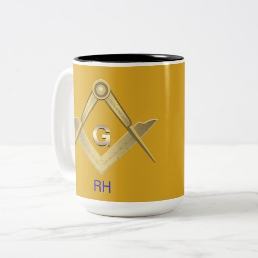 Classy Square & Compass Monogrammed Tweekleurige Koffiemok (Voorkant links)