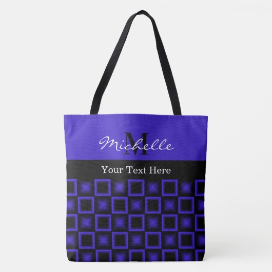 Classy Squares Blue and Black Monogrammed Tote Bag (Voorkant)