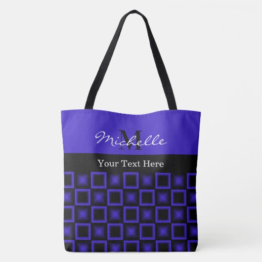 Classy Squares Blue and Black Monogrammed Tote Bag (Achterkant)