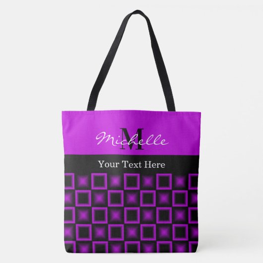 Classy Squares Pattern Black en Paars Monogram Tote Bag (Voorkant)