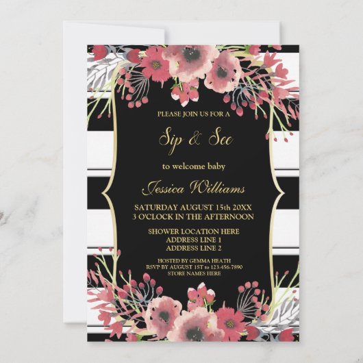 Classy Stripes Floral Waterverf Sip & See Kaart (Achterkant)