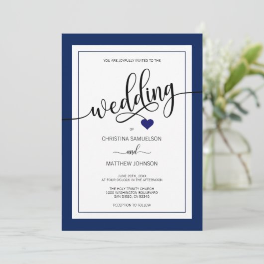 Classy Stripes Navy Blue Nautical Wedding Kaart (Staand voorkant)