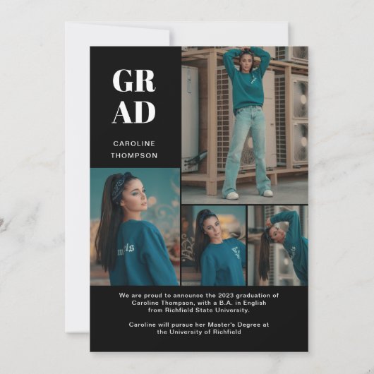 Classy Stylish Black Photo Collage Afstuderen Aankondiging (Achterkant)