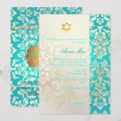 Classy + Stylish Damask Bat Mitzvah/Aquamarine Kaart (Voorkant / Achterkant)