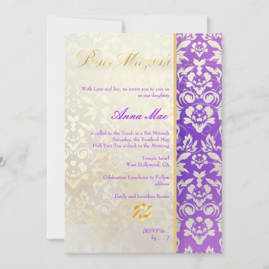 Classy + Stylish Damask Bat Mitzvah/Lavender Blue Kaart (Voorkant)
