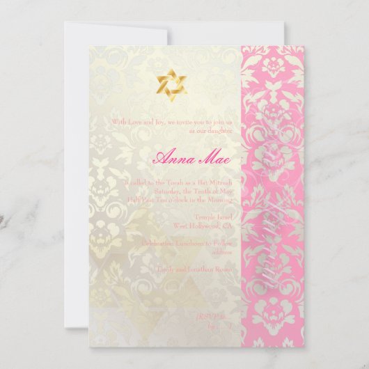 Classy + Stylish Damask Bat Mitzvah/posh roze Kaart (Voorkant)